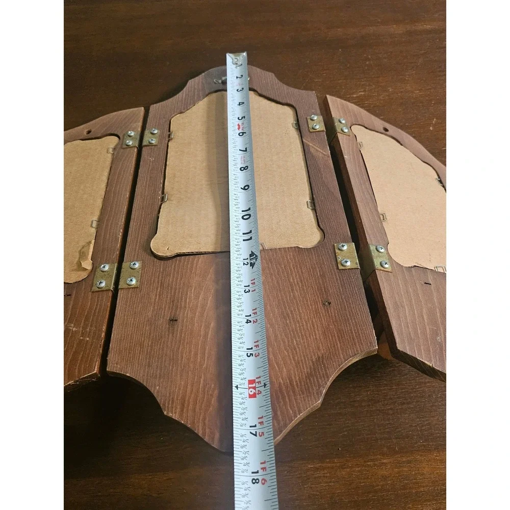 Triptych Wall Mirror Home Decor Brown Wood Folding Candle Sconce Shelf